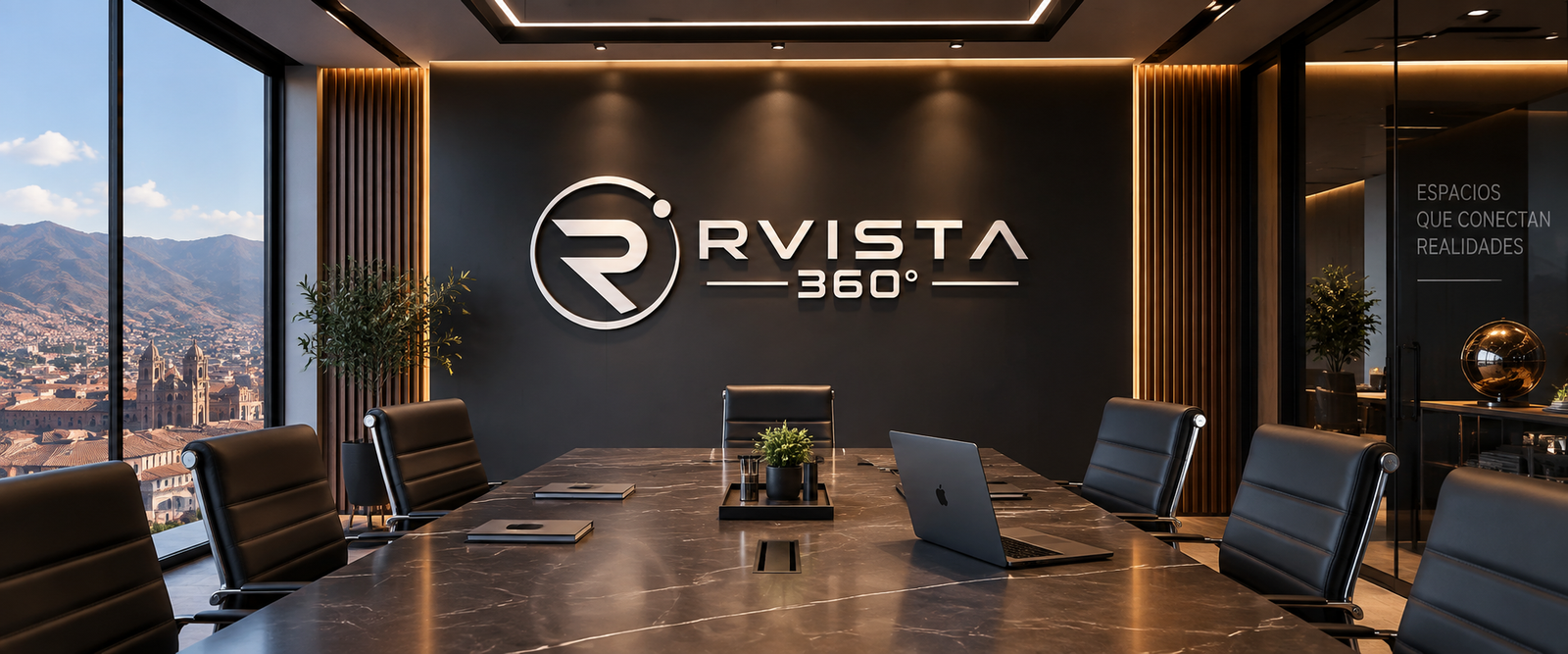 Sala de reuniones premium con identidad RVista 360°