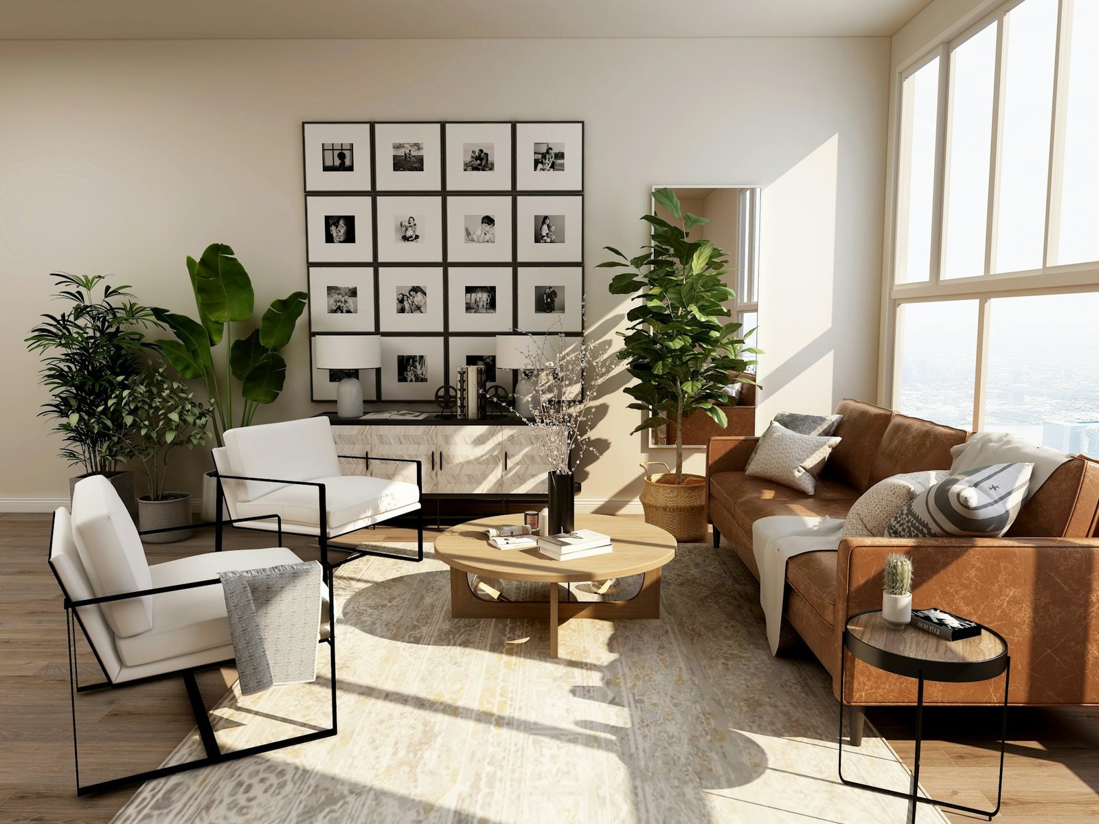 Sala residencial luminosa con plantas